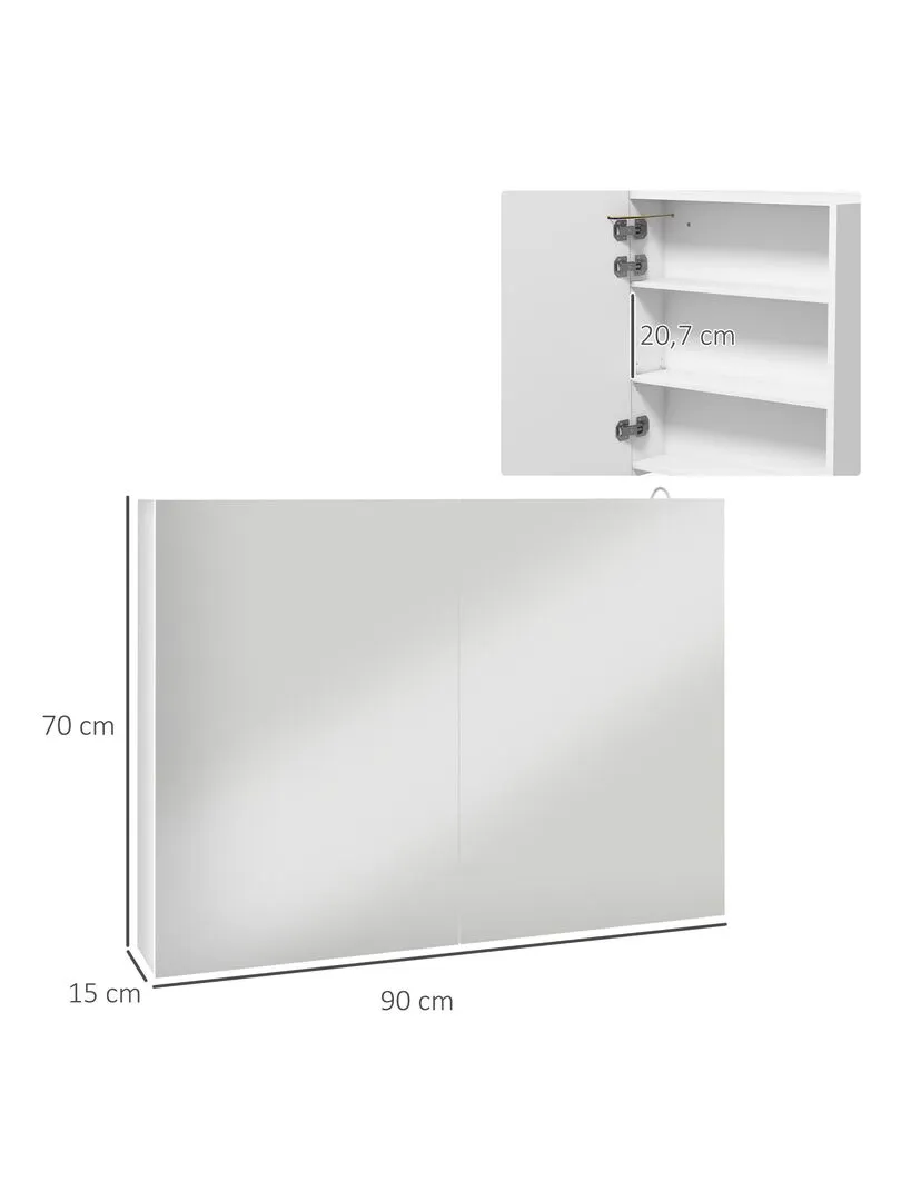 Armoire miroir LED de salle de bain - 2 portes, 2 étagères - blanc laqué - Blanc