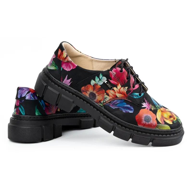 ARS Chaussures femme en cuir sur semelle épaisse à fleurs 1163 le noir