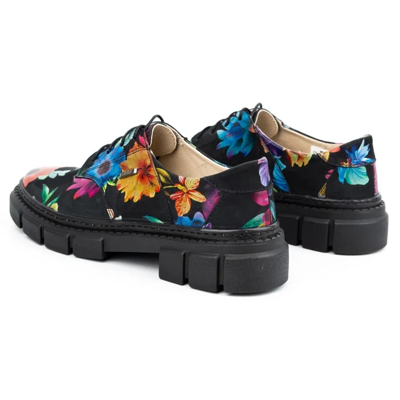 ARS Chaussures femme en cuir sur semelle épaisse à fleurs 1163 le noir