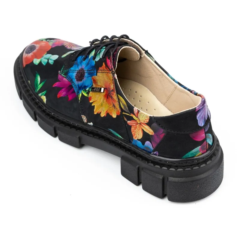 ARS Chaussures femme en cuir sur semelle épaisse à fleurs 1163 le noir