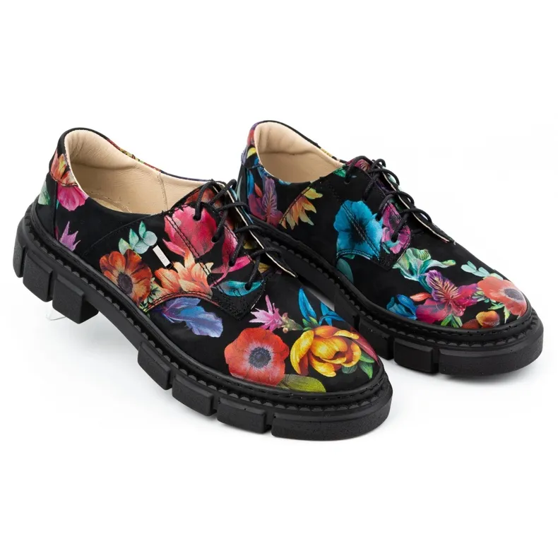 ARS Chaussures femme en cuir sur semelle épaisse à fleurs 1163 le noir