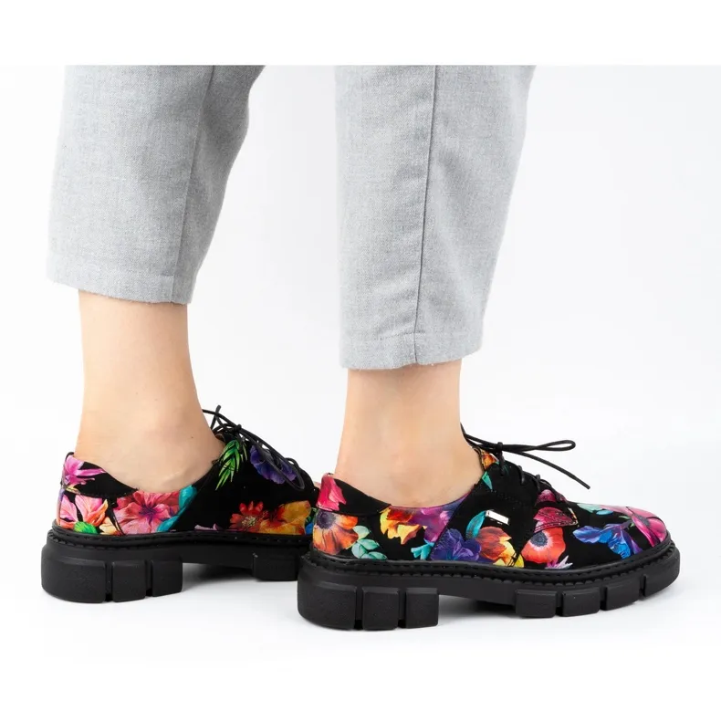 ARS Chaussures femme en cuir sur semelle épaisse à fleurs 1163 le noir