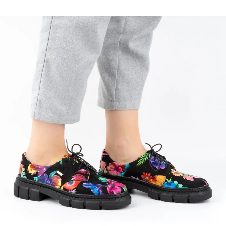 ARS Chaussures femme en cuir sur semelle épaisse à fleurs 1163 le noir