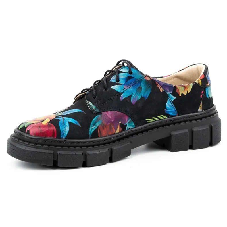 ARS Chaussures femme en cuir sur semelle épaisse à fleurs 1163 le noir