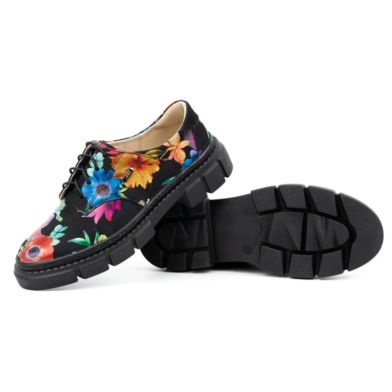 ARS Chaussures femme en cuir sur semelle épaisse à fleurs 1163 le noir