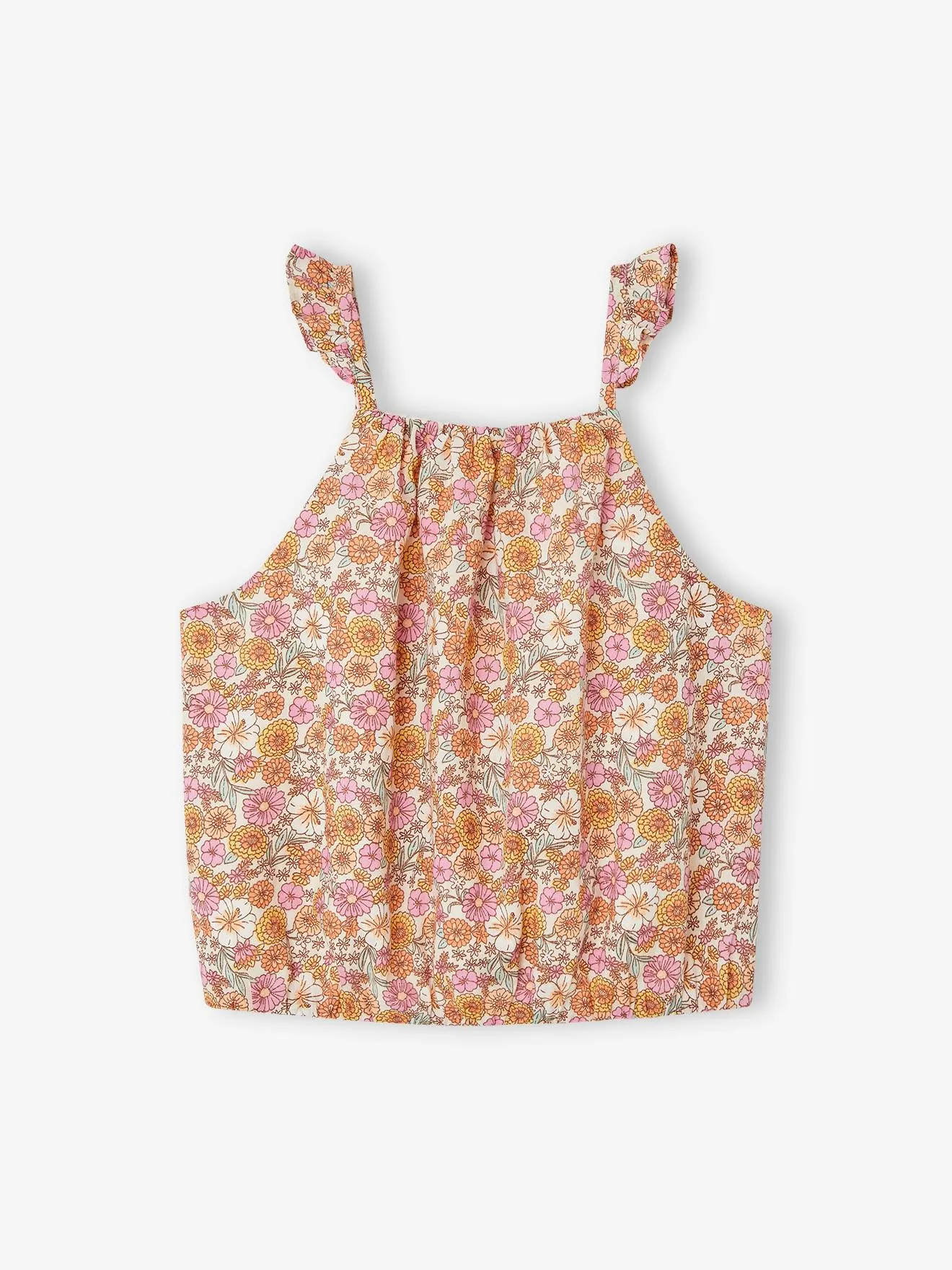 Blouse "cropped" motifs fleurs fille bretelles à volants abricot poudré - Vertbaudet