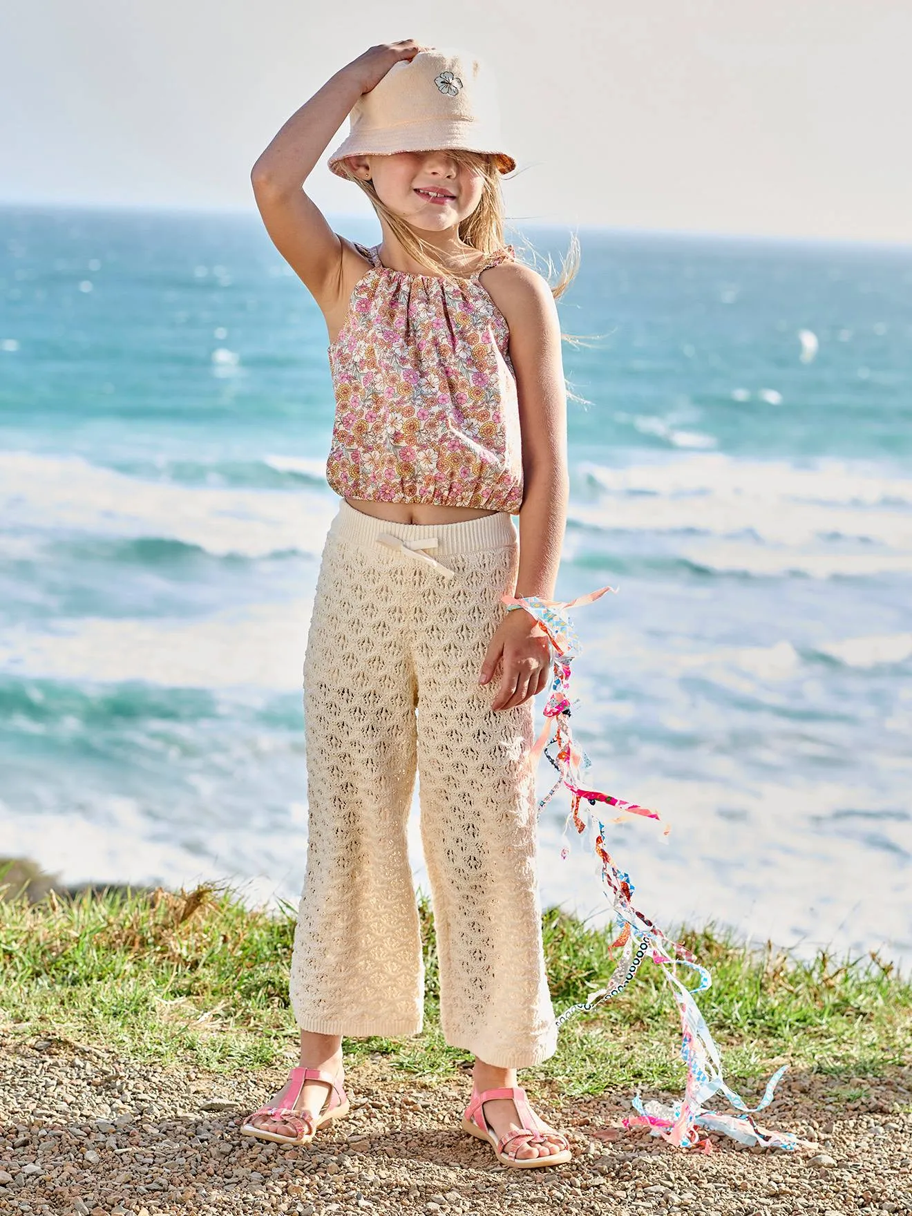 Blouse "cropped" motifs fleurs fille bretelles à volants abricot poudré - Vertbaudet