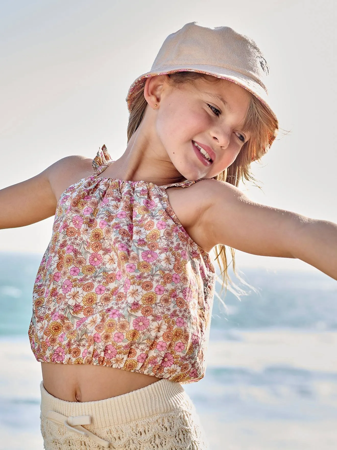 Blouse "cropped" motifs fleurs fille bretelles à volants abricot poudré - Vertbaudet