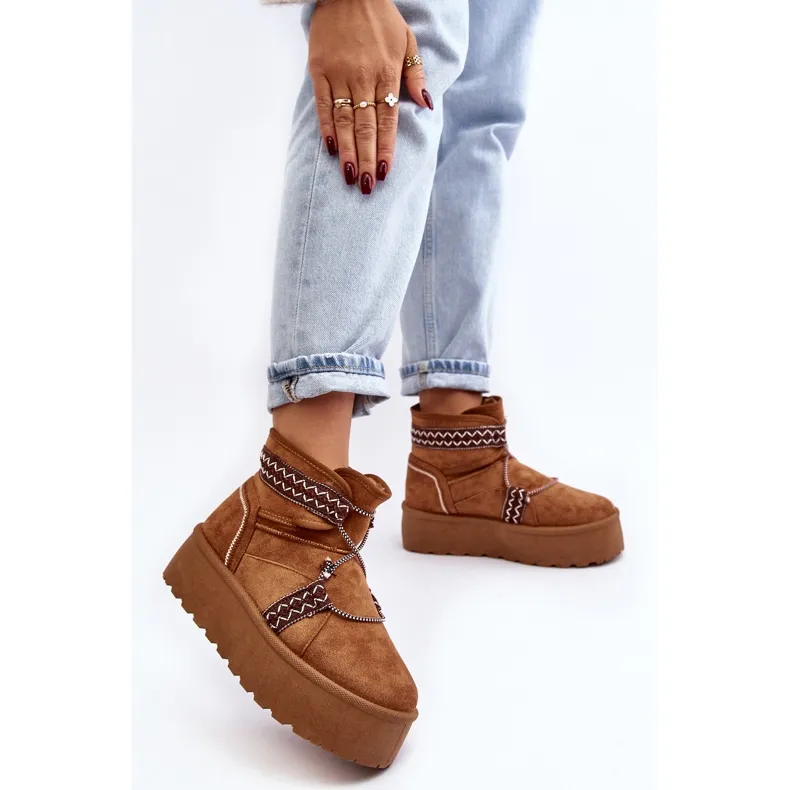 Bottes de neige pour femme à semelle épaisse avec laçage Milson Camel brun