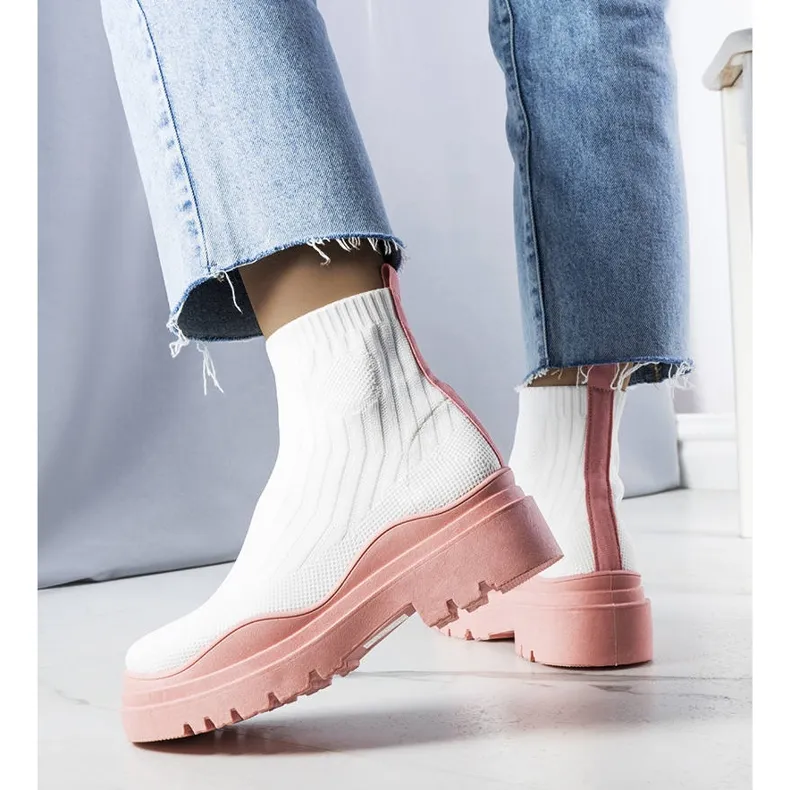 Bottines chaussettes Cali blanches à semelle rose