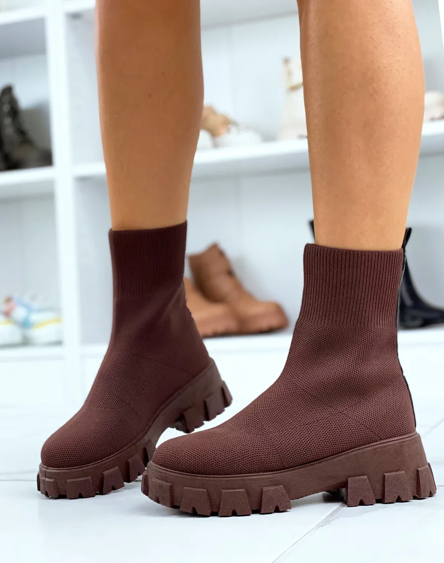 Bottines marron cuivré effet chaussette à semelle épaisse crantée