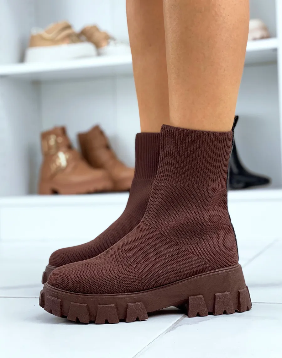 Bottines marron cuivré effet chaussette à semelle épaisse crantée