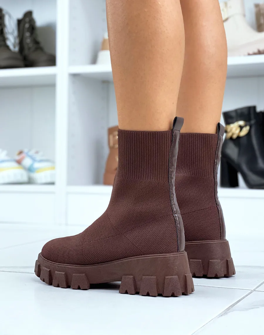 Bottines marron cuivré effet chaussette à semelle épaisse crantée