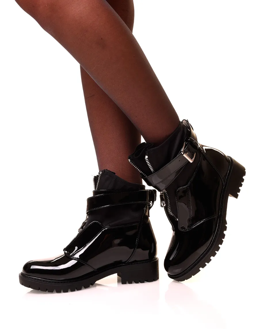 Bottines noires vernies à zip effet chaussette