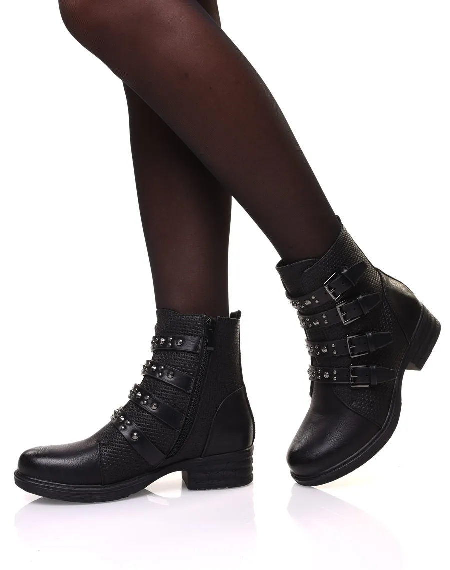 Bottines noires à multiples sangles cloutés