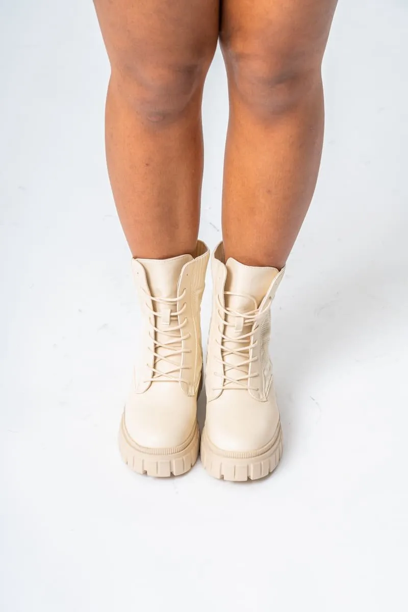 Bottines à lacets bi-matière semelle crantée beige