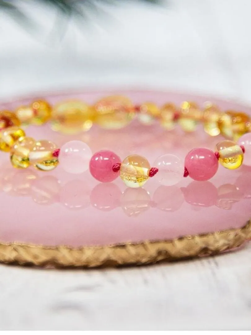 Bracelet bébé - Ambre et pierres naturelles - Ambre Lemon / Quartz rose / Calcédoine - Rose