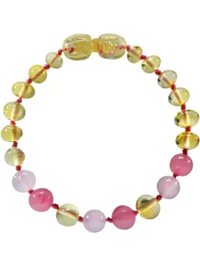 Bracelet bébé - Ambre et pierres naturelles - Ambre Lemon / Quartz rose / Calcédoine - Rose