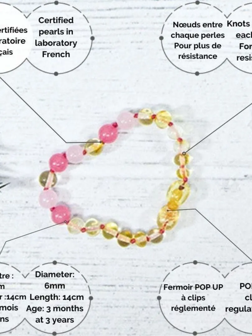 Bracelet bébé - Ambre et pierres naturelles - Ambre Lemon / Quartz rose / Calcédoine - Rose