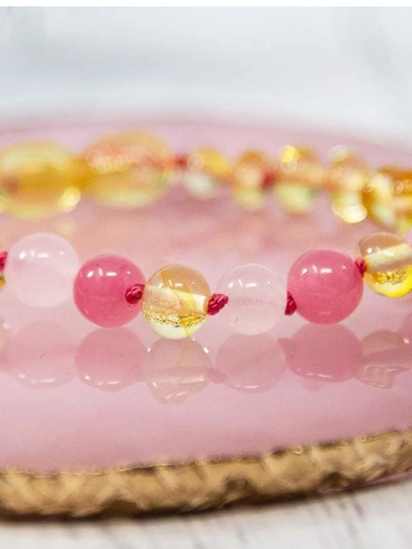 Bracelet bébé - Ambre et pierres naturelles - Ambre Lemon / Quartz rose / Calcédoine - Rose