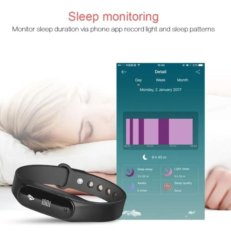 Bracelet Connecté Sport Tactile Étanche Cardio Sommeil Noir