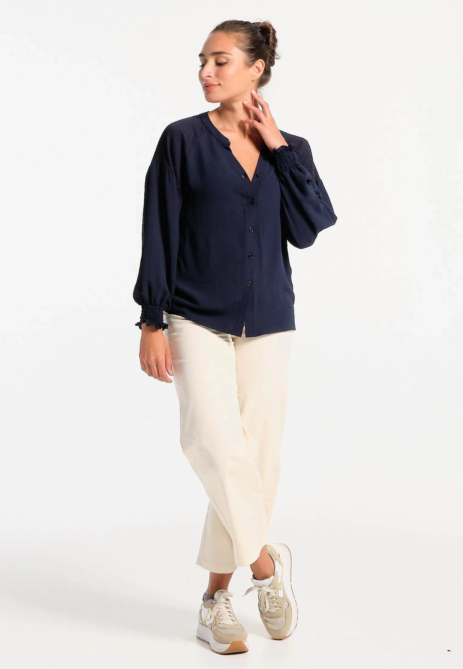 Chemisier femme bleu marine avec poignets élastiqués