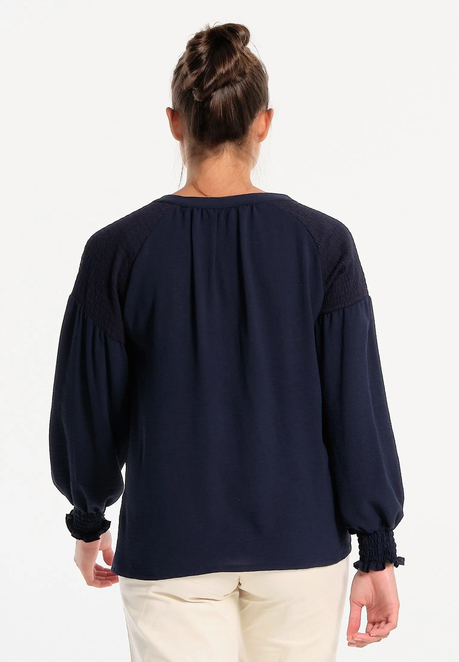Chemisier femme bleu marine avec poignets élastiqués