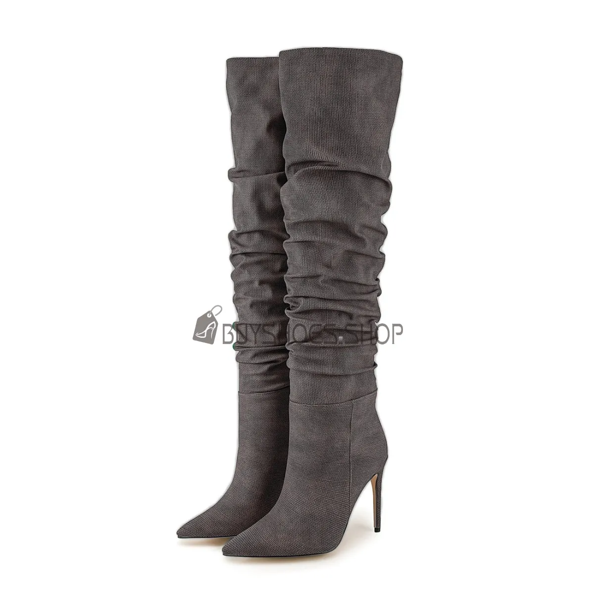 Classique Botte Cuissarde Denim À Talon Plissées Tombantes Bottes Hautes