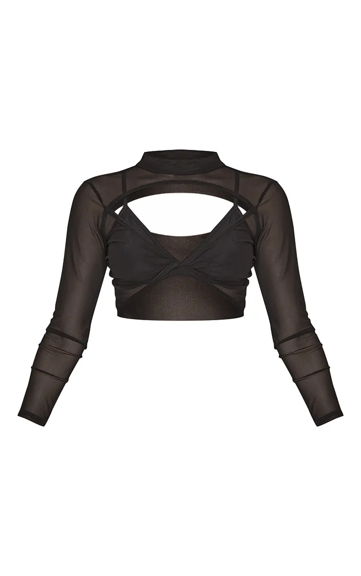 Crop top découpé en mesh noir à col montant et devant torsadé