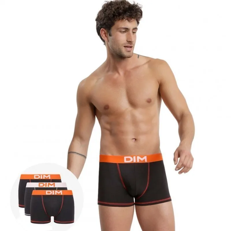 DIM 3 Boxers Homme Coton MIX AND COLORS Noir Orange peps Blanc