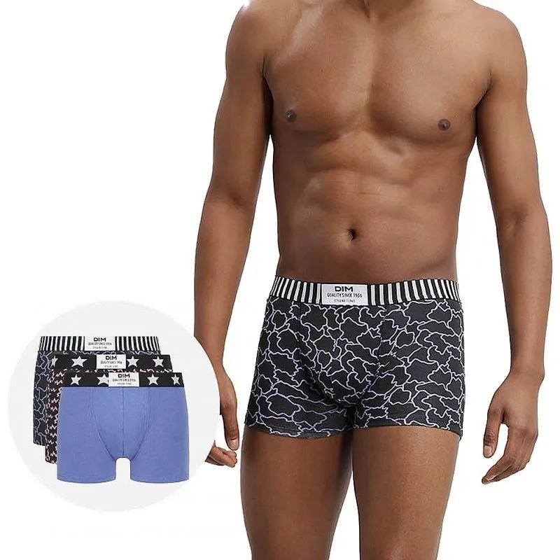 DIM Lot de 3 Boxers Homme Coton VIBES Eclairs Nuage Noir Bleu