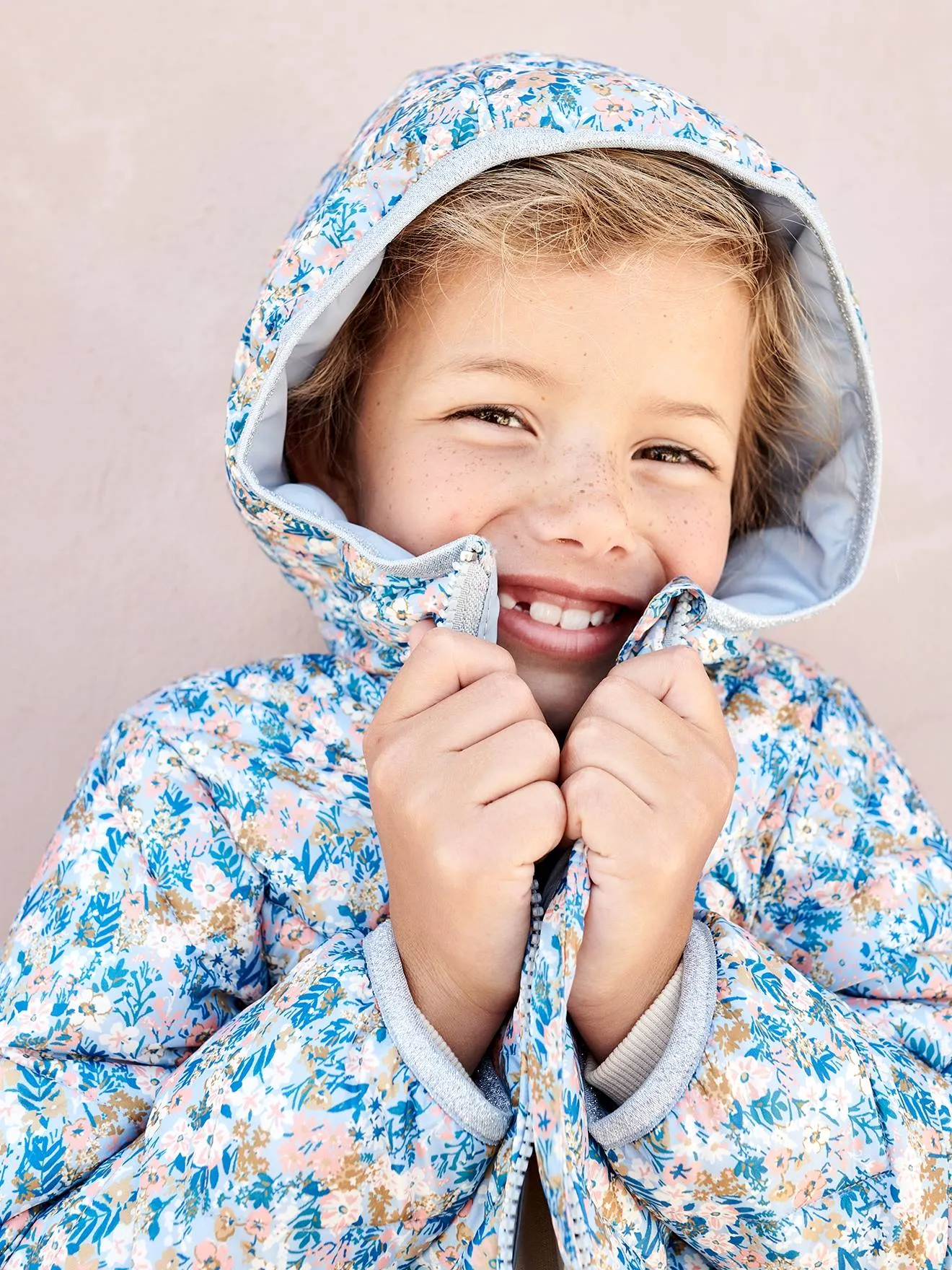 Doudoune légère à capuche fille motifs imprimés rose foncé imprimé - Vertbaudet