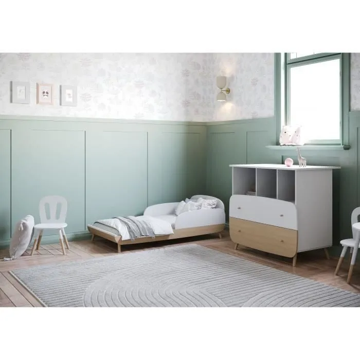 Ens. lit bébé 70 x 140 Kit évolutif, commode 2 tiroirs, 3 niches et 1 plan à langer - FIRMIANA - Scandinave - Blanc/bois - DEMEY