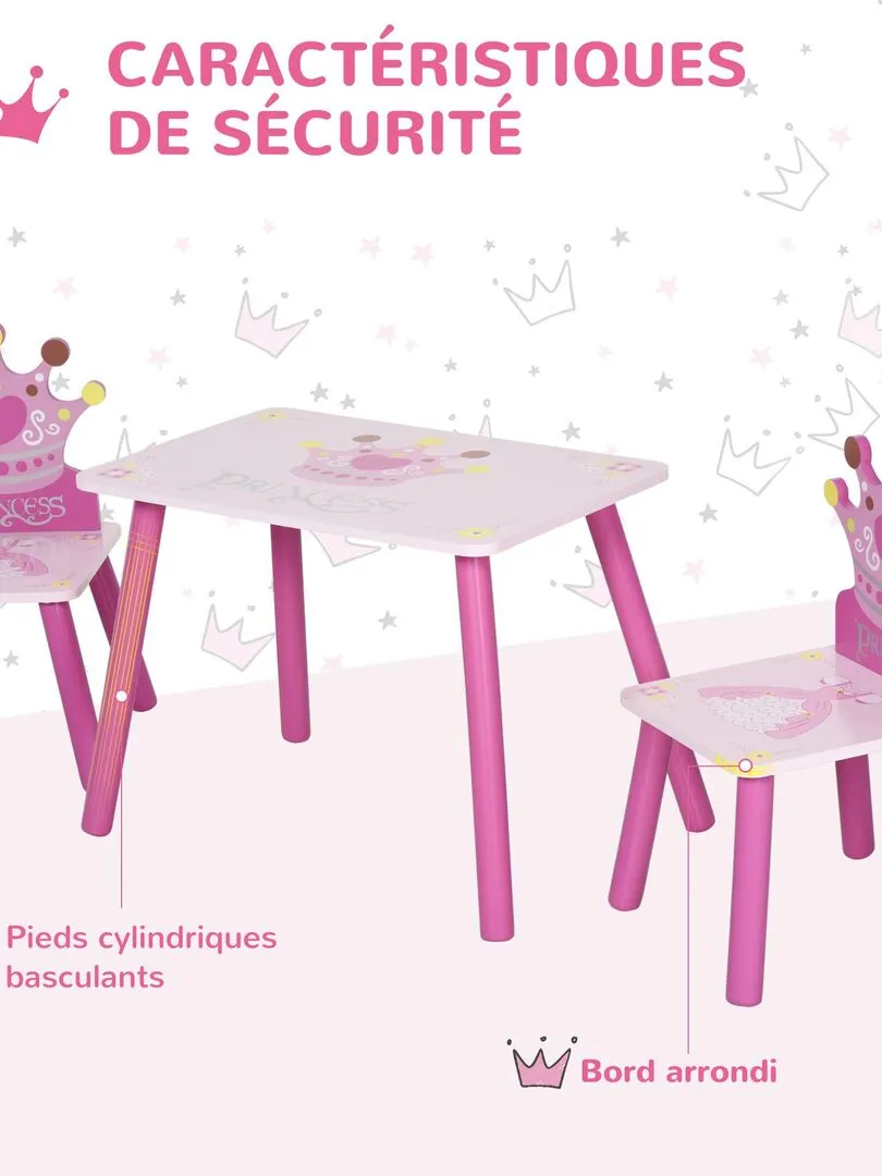 Ensemble table et chaises enfant design princesse couronne bois pin MDF rose - Rose