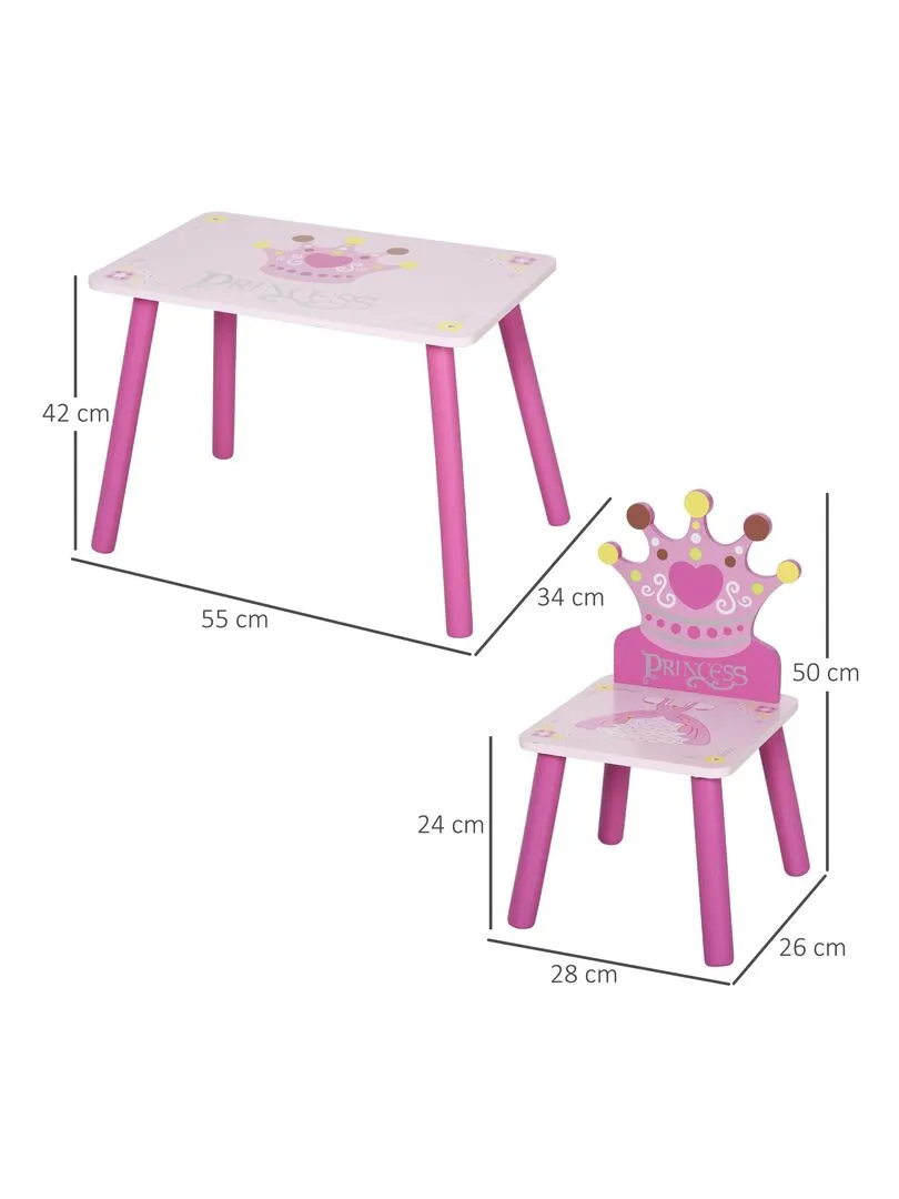 Ensemble table et chaises enfant design princesse couronne bois pin MDF rose - Rose