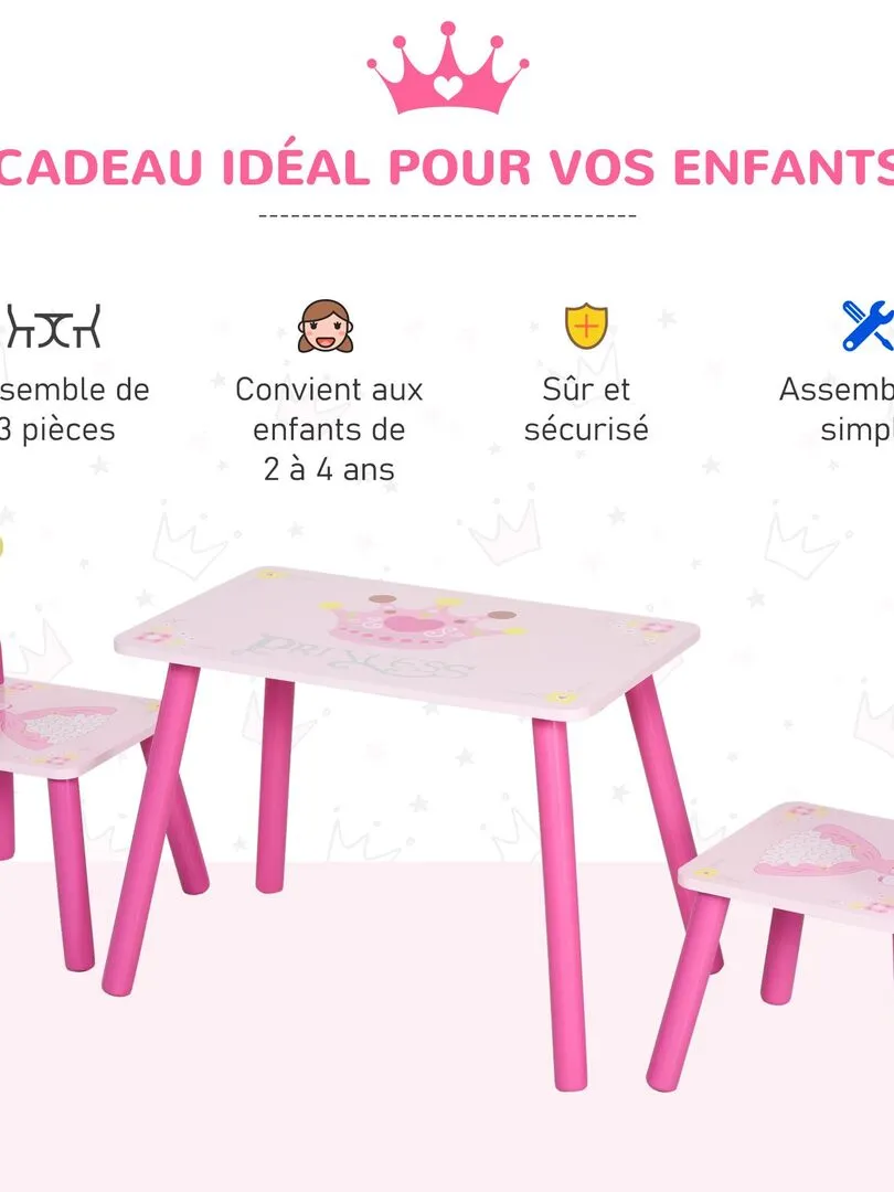 Ensemble table et chaises enfant design princesse couronne bois pin MDF rose - Rose