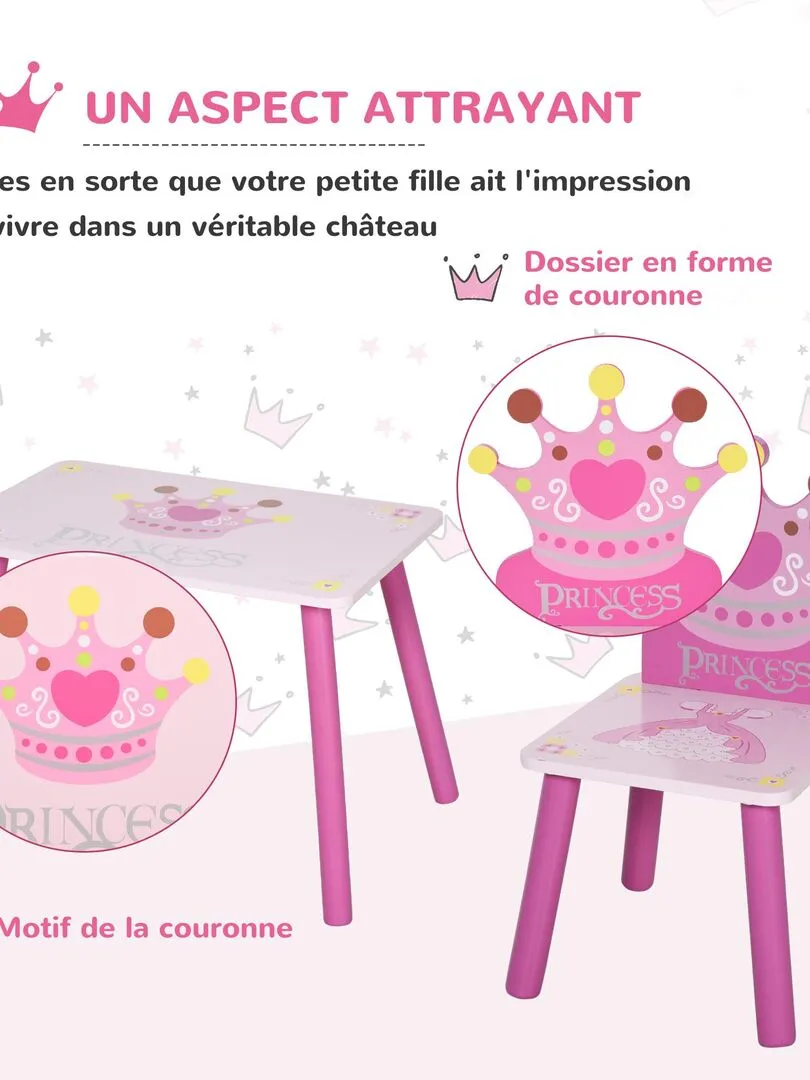 Ensemble table et chaises enfant design princesse couronne bois pin MDF rose - Rose