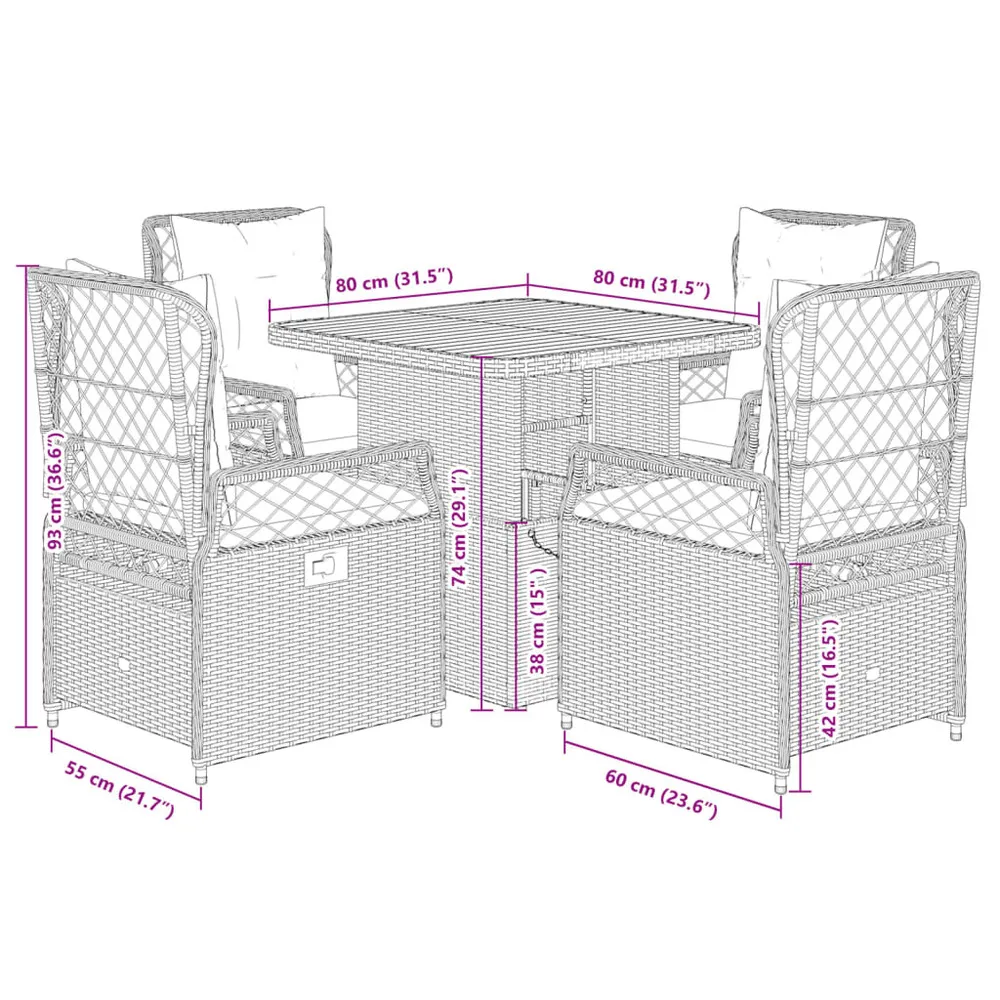 Ensemble à manger de jardin avec coussins 5pcs beige poly rotin