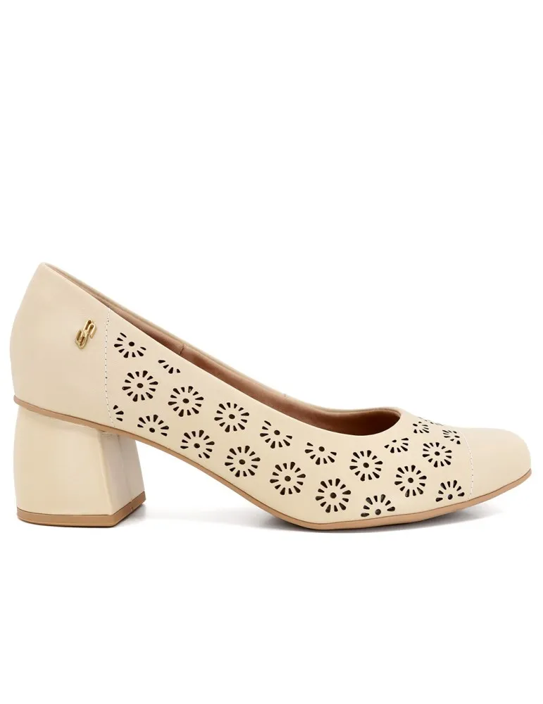 escarpins confort talons blocs cuir ajouré laser cuir blanc cassé 06 cm