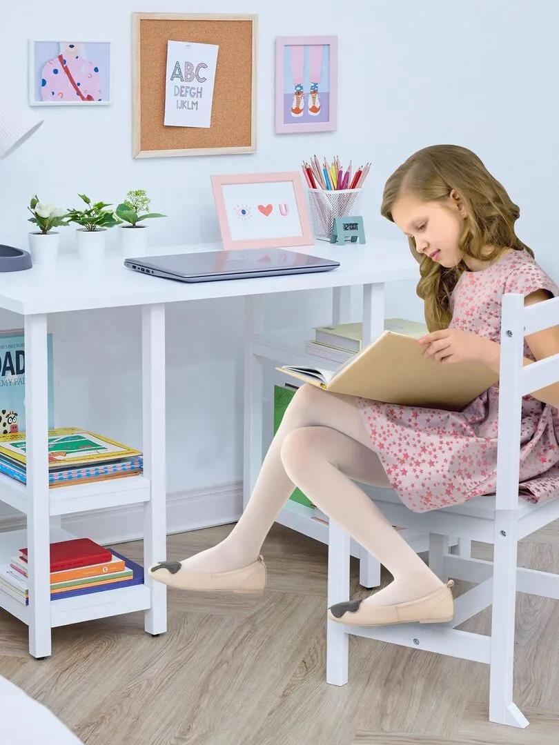 Fantasy Fields - Ensemble de bureau et chaises en bois pour enfants avec étagères sur le côté - Blanc