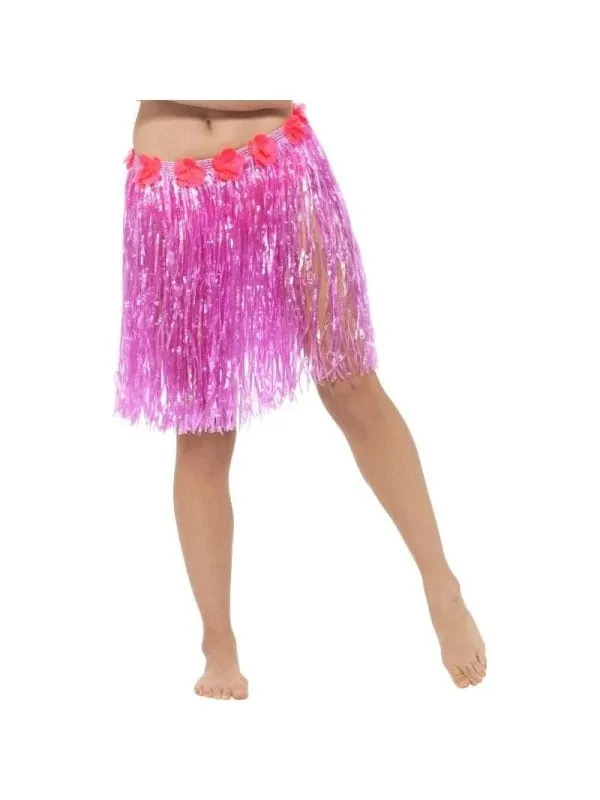 Jupe hawaïenne hula rose fluo avec fleurs