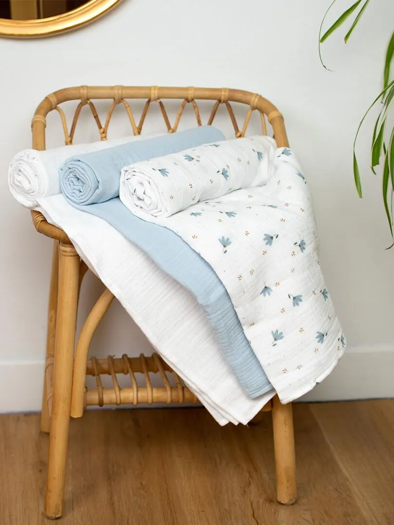 Ma première cape de bain en gaze de coton et bambou, Bleuet - Blanc