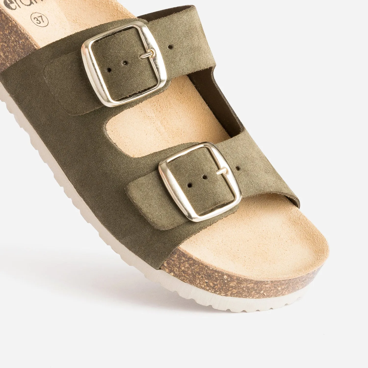 Mule anatomique kaki en cuir velours éco-conçu - Mules / Tongs Femme | ERAM