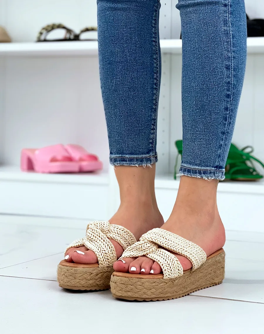 Mules à brides croisées en corde beige et semelle épaisse en toile de jute