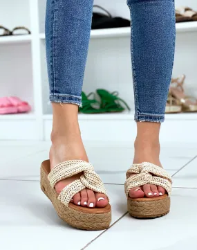 Mules à brides croisées en corde beige et semelle épaisse en toile de jute