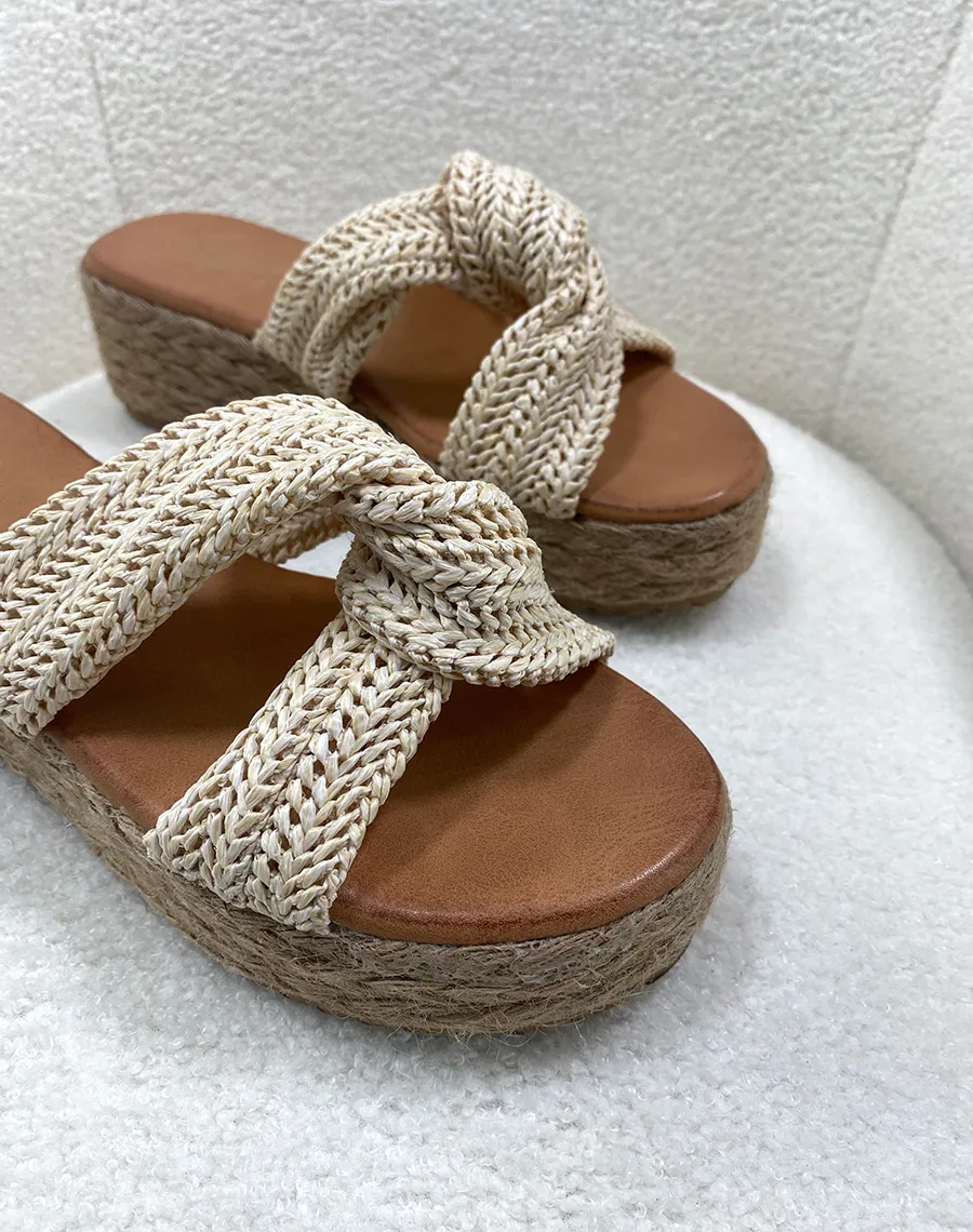 Mules à brides croisées en corde beige et semelle épaisse en toile de jute