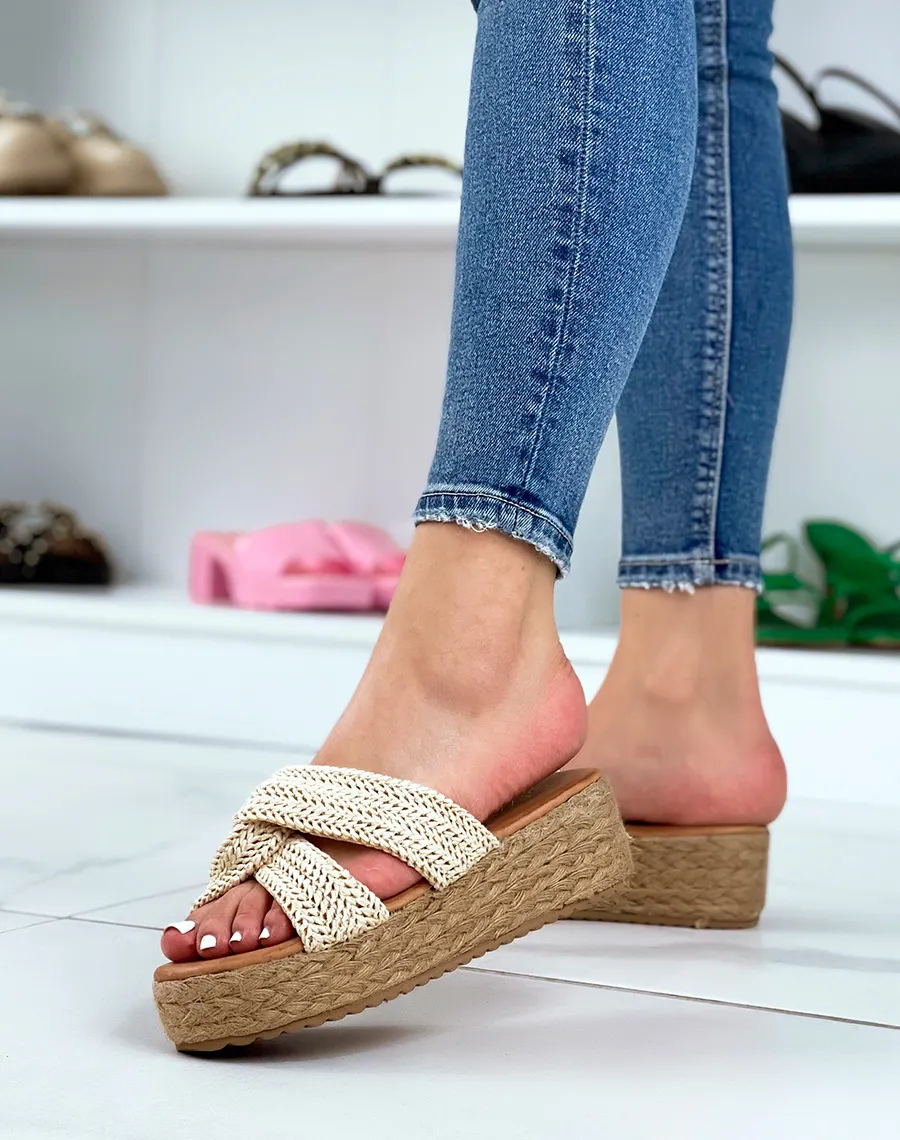 Mules à brides croisées en corde beige et semelle épaisse en toile de jute