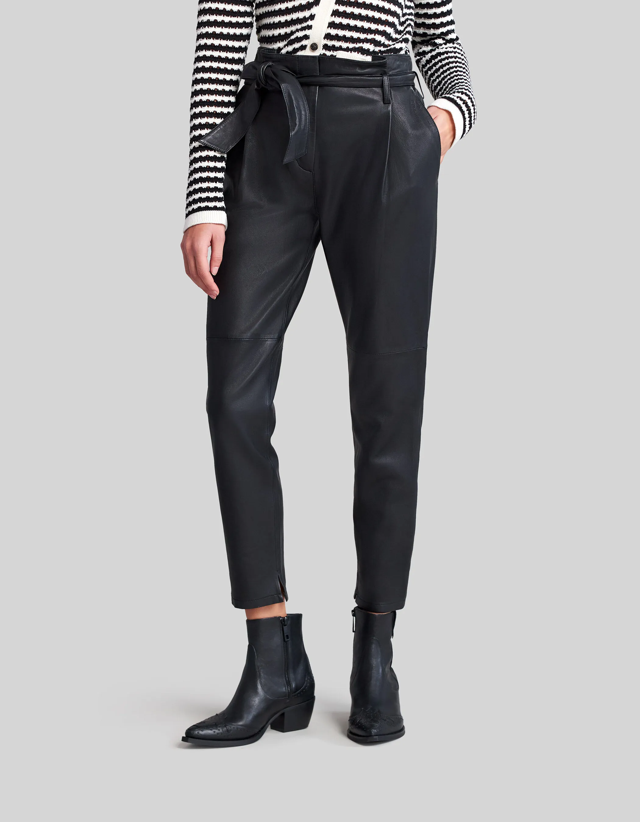 Pantalon noir taille haute en cuir d'agneau femme