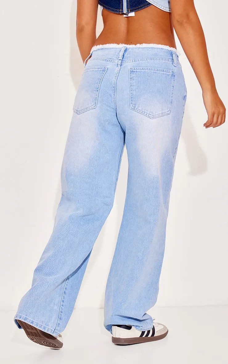 Petite Jean droit délavage blanchi à taille basse effilochée