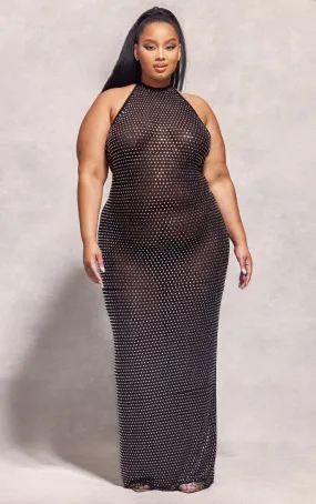 Plus Robe longue en mesh orné noir dos nu à col montant